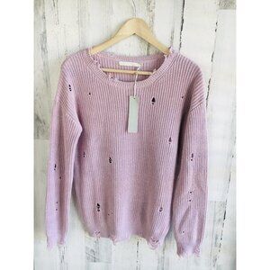 NWT One Grey Day Distressed Pullover Sweater Tattered Mauve Cotton Cashmere
